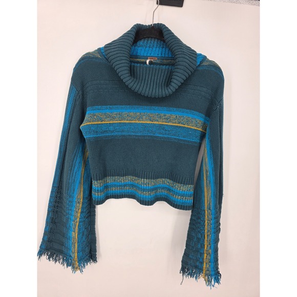 Free People Close to Me Striped pullover turtleneck sweater green blue Medium - Picture 3 of 7